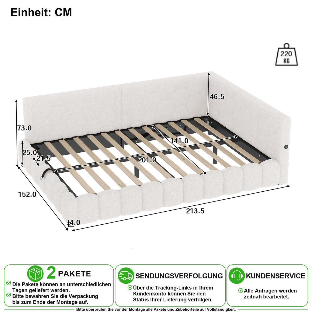 BETT 140/200 cm in Weiß mit Bettkasten, LED und USB - Weiß, Holzwerkstoff/Textil (140/200cm) - CHICFURN