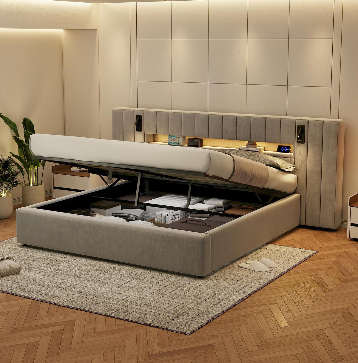 POLSTERBETT aus Samt 180x200 cm Grau mit Stauraum, LED-Beleuchtung und USB-Anschlüssen - Grau, Textil (180/200cm) - IVMEU