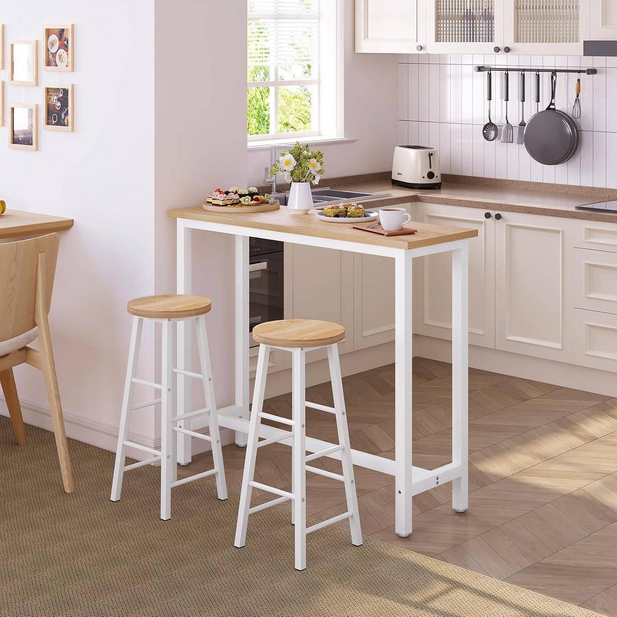 BARTISCH Set mit 2 Barhockern, aus Metall & Holz - Hellbraun/Weiß, Holzwerkstoff/Metall (40/120/100cm) - Woltu