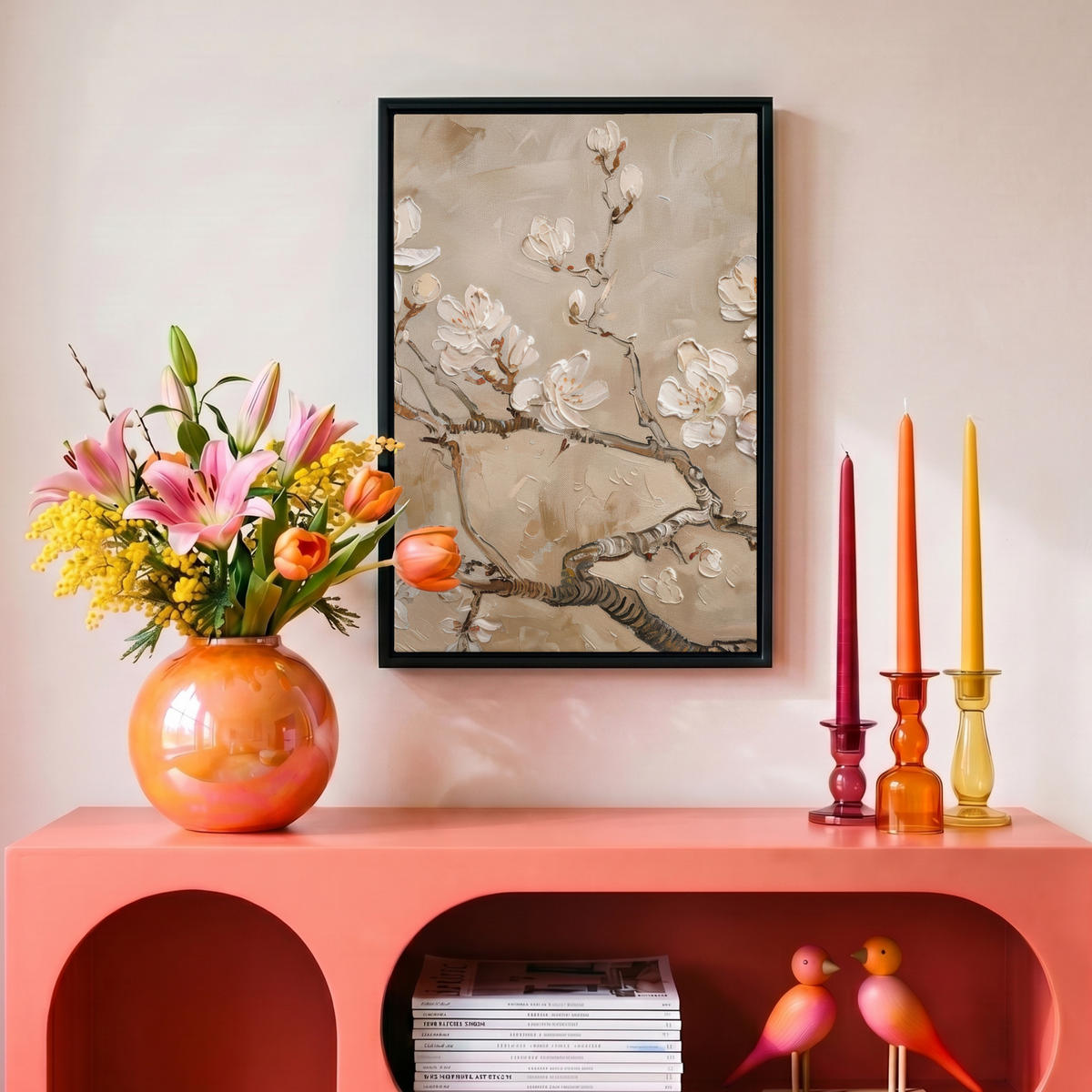 LEINWAND Bilder mit Rahmen - Blumen - Modern - Beige - Weiß - Blüte - 20x30 - Beige, Textil (20/30cm) - MuchoWow