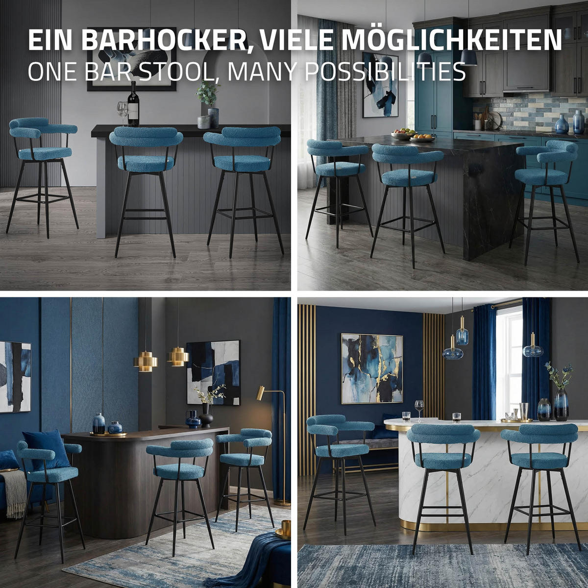 BARHOCKER 4ks sada otočná modrá s plyšovou látkou, výška 76 cm - modrá/černá, kov/textil (61/103/55cm) - ML-DESIGN