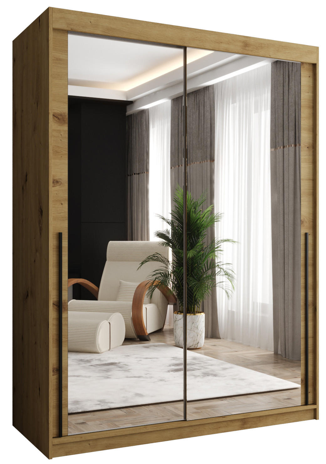 Home Collective ŠATNÍ SKŘÍŇ S POSUVNÝMI DVEŘMI se zrcadlem, šířka 150 cm, Artisan s černým madlem
