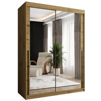 SCHIEBETÜRENSCHRANK mit Spiegel 150 cm Breite Artisan mit schwarzem Griff - Schwarz/Eiche Artisan, Holzwerkstoff (150/200/62cm) - Home Collective