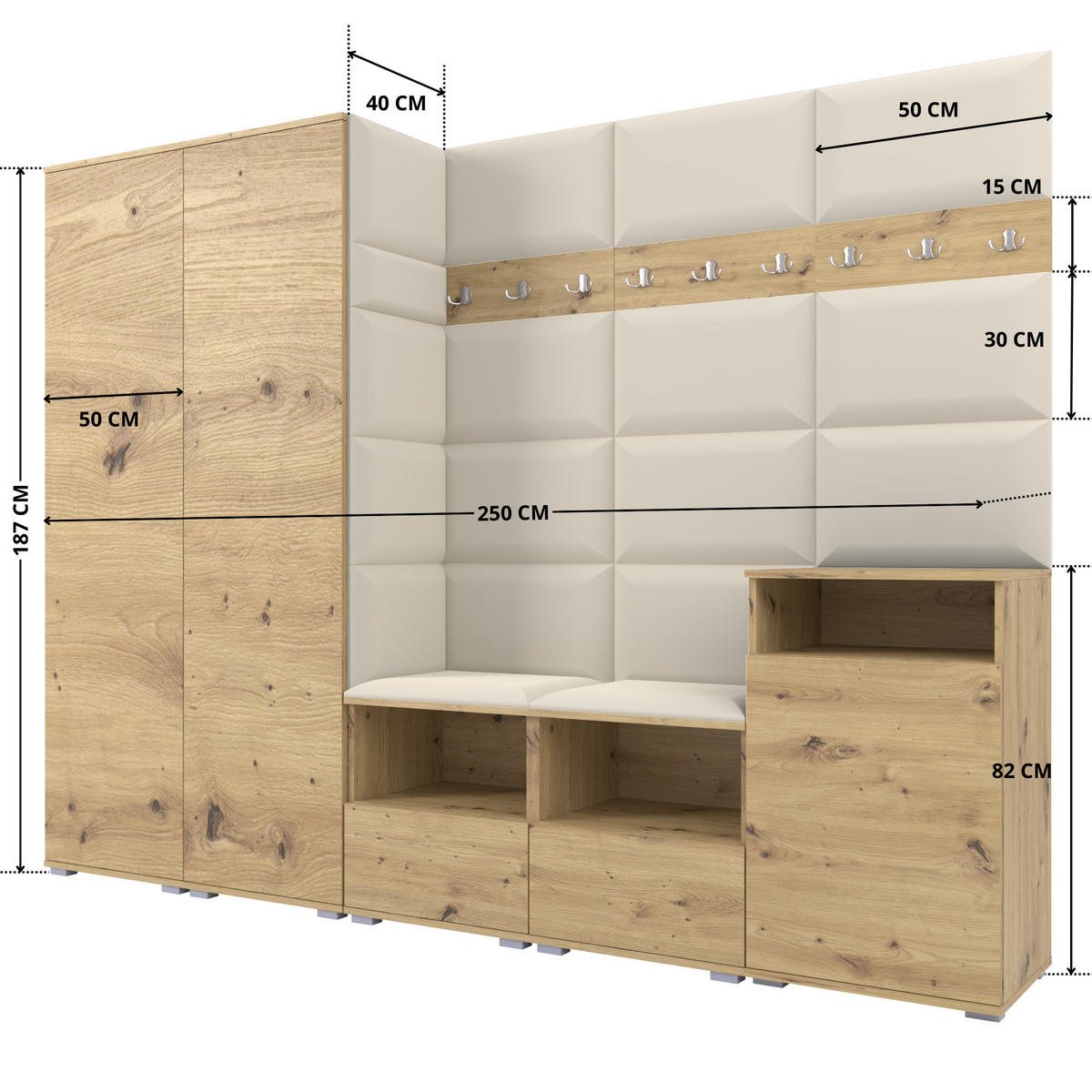 GARDEROBE NELA VIII 250 cm (Modulare Flurmöbel Artisan Eiche mit Sitzpolster Creme 01 2 Schränke + Sideboard) - Silberfarben/Creme, Holz/Holzwerkstoff (250/187/40cm) - Ravio