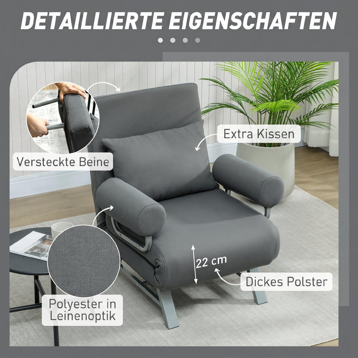 SCHLAFSESSEL Polyester Stahl Dunkelgrau - Dunkelgrau/Silberfarben, Textil/Metall (73/81/78cm) - HOMCOM