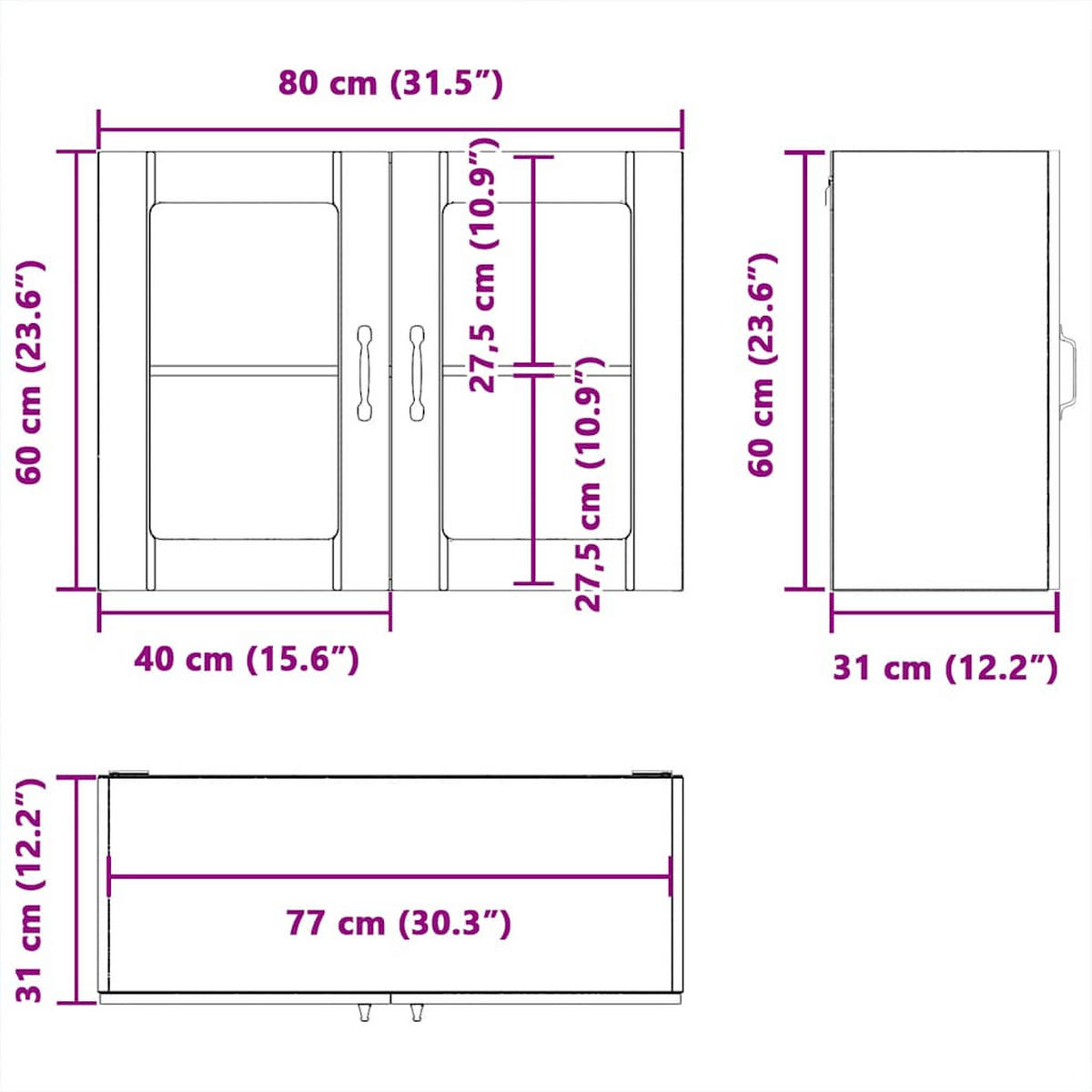 KÜCHEN-HÄNGESCHRANK Mit Glastür Sonoma-Eiche Holzwerkstoff - Braun, Holzwerkstoff (31/60/80cm) - vidaXL