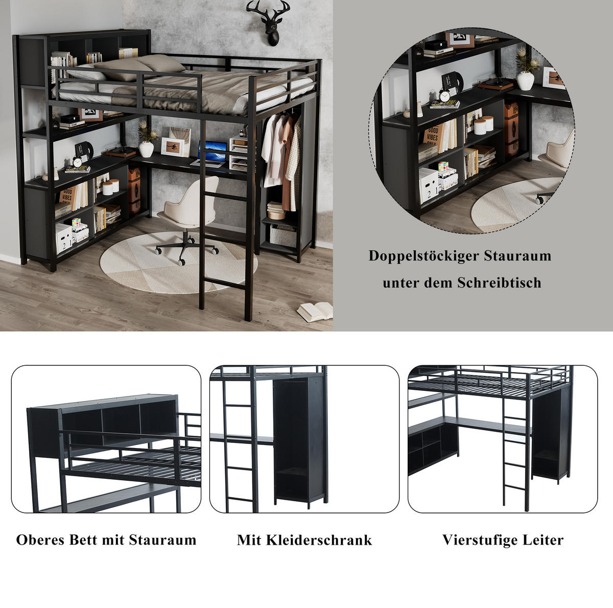 HOCHBETT 140/200 cm aus Metall und Holzwerkstoff mit Schreibtisch und Kleiderschrank - Schwarz, Metall (90/200cm) - Flora Grace