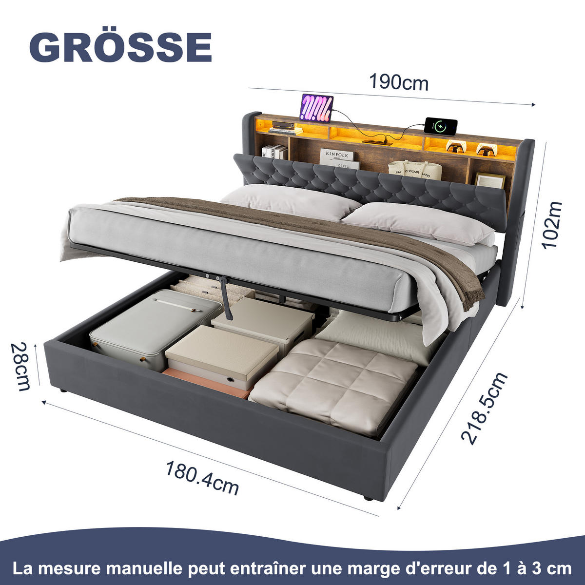 POLSTERBETT 180x200 mit Bettkasten & LED Beleuchtung,mit klappbarem Kopfteil,Grau - Grau, Holzwerkstoff/Textil (180/200cm) - EVRYAE