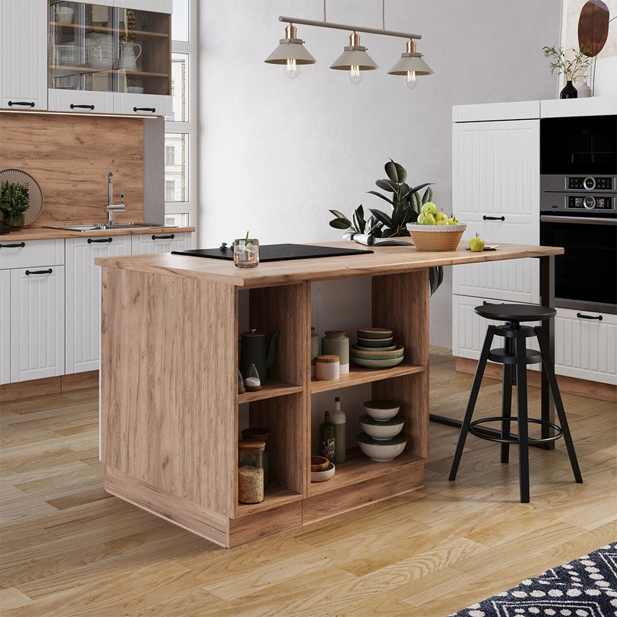 KÜCHENINSEL Fame-Line Weiß Landhaus 90 cm mit Schublade, ohne Arbeitsplatte - Honigeiche/Weiß, Holzwerkstoff (90/82/60cm) - Vicco