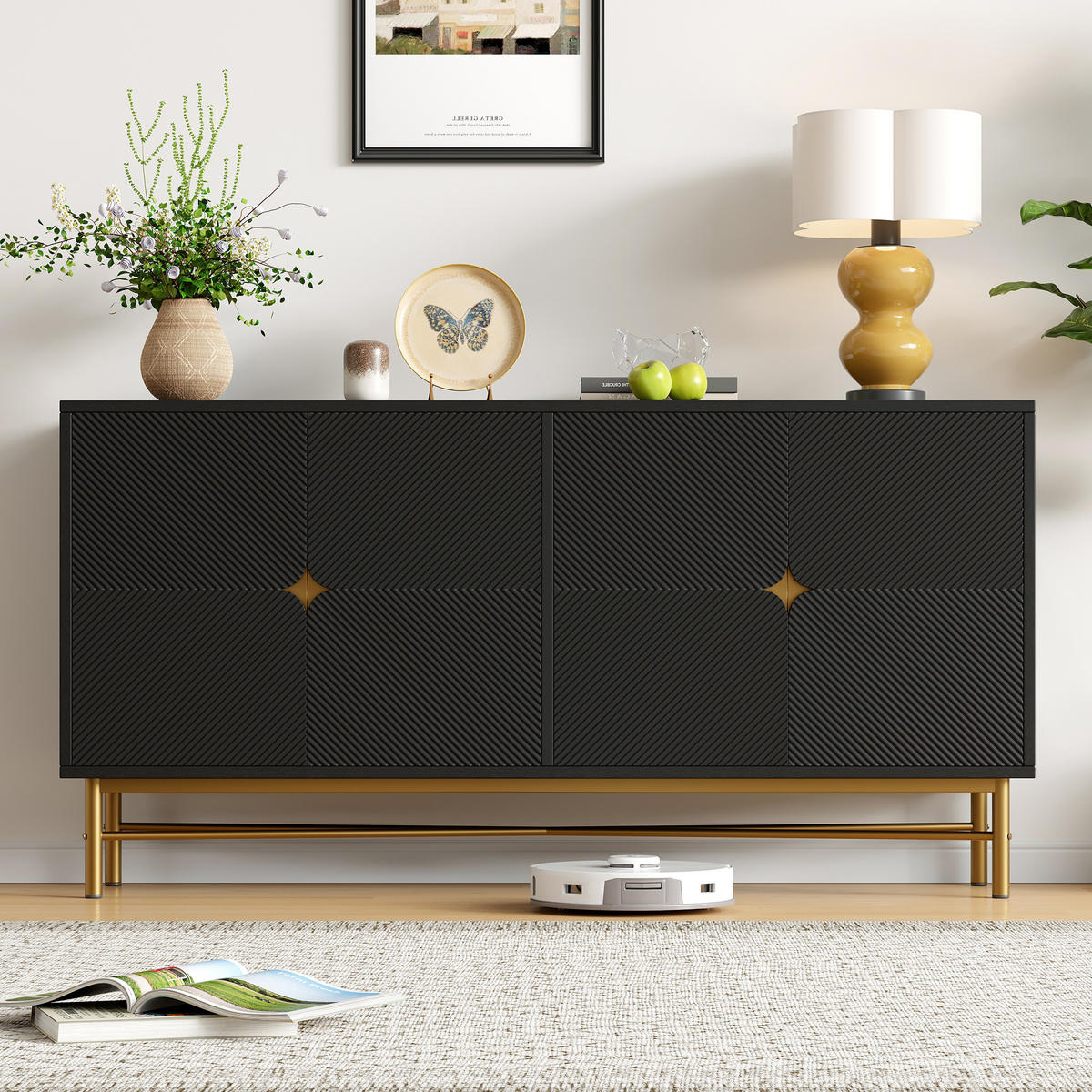 SIDEBOARD mit 2 Türen & 3 Schubladen, Schwarz & Holzoptik, 120 x 40 x 80 cm - Schwarz, Holzwerkstoff/Metall (160/82/40cm) - Urban Meuble