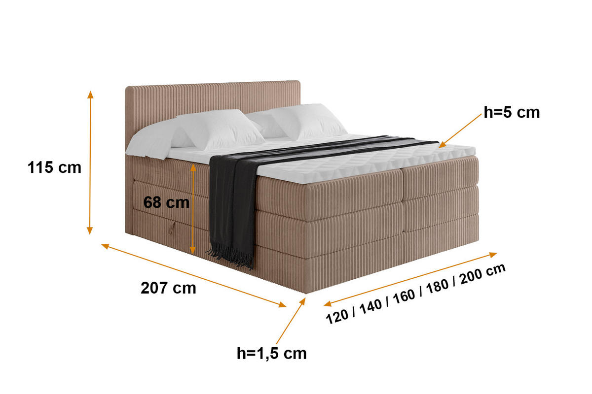 BOXSPRINGBETT mit Matratze H3|H4 und Lattenrost - TOLO KING 120x200 Cord - Beige - Sandfarben, Holzwerkstoff (120/200cm) - ALTDECOR