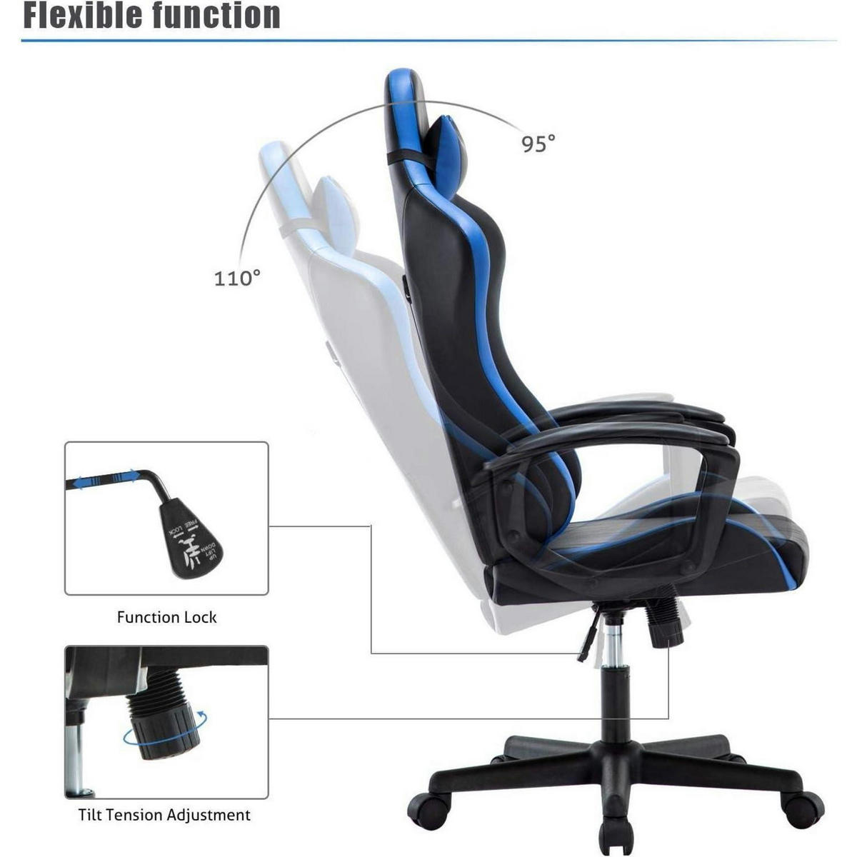 BÜROSTUHL mit Kopf- und Lendenkissen Blau - Blau, Kunststoff (49/130/52cm)
