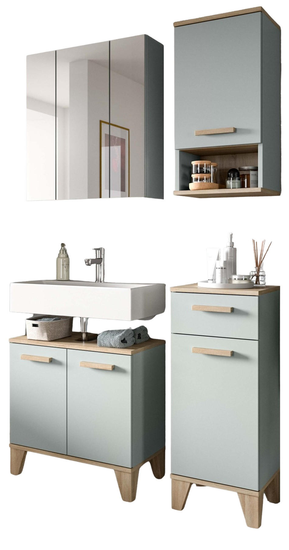 BADMÖBEL-SET 4-teilig grün, Eiche 109 x 190 cm, Badkombination skandinavisches Design - Eichefarben/Grün, Glas/Holzwerkstoff (109/190/34cm) - Inn.Furn