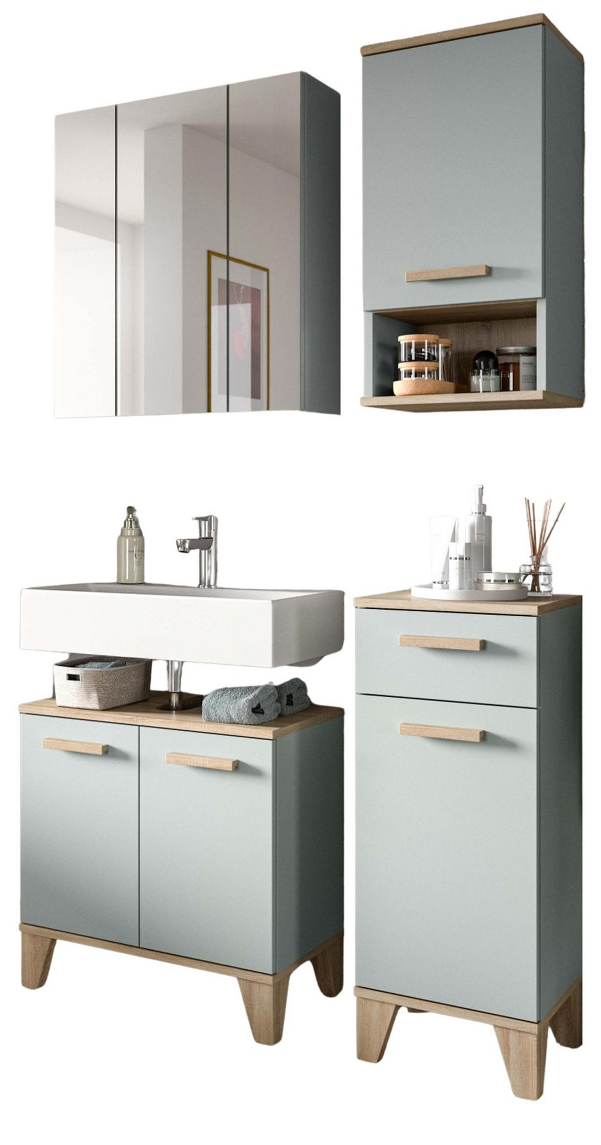 BADMÖBEL-SET 4-teilig grün, Eiche 109 x 190 cm, Badkombination skandinavisches Design - Eichefarben/Grün, Glas/Holzwerkstoff (109/190/34cm) - Inn.Furn