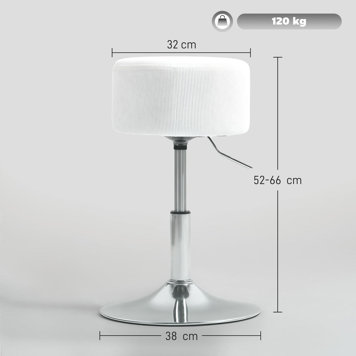 BAROVÁ ŽIDLE, čalouněná barová židle s kovovou konstrukcí, vzhled kordového materiálu, výškově nastavitelná - bílá, plast (38/66/38cm) - HOMCOM