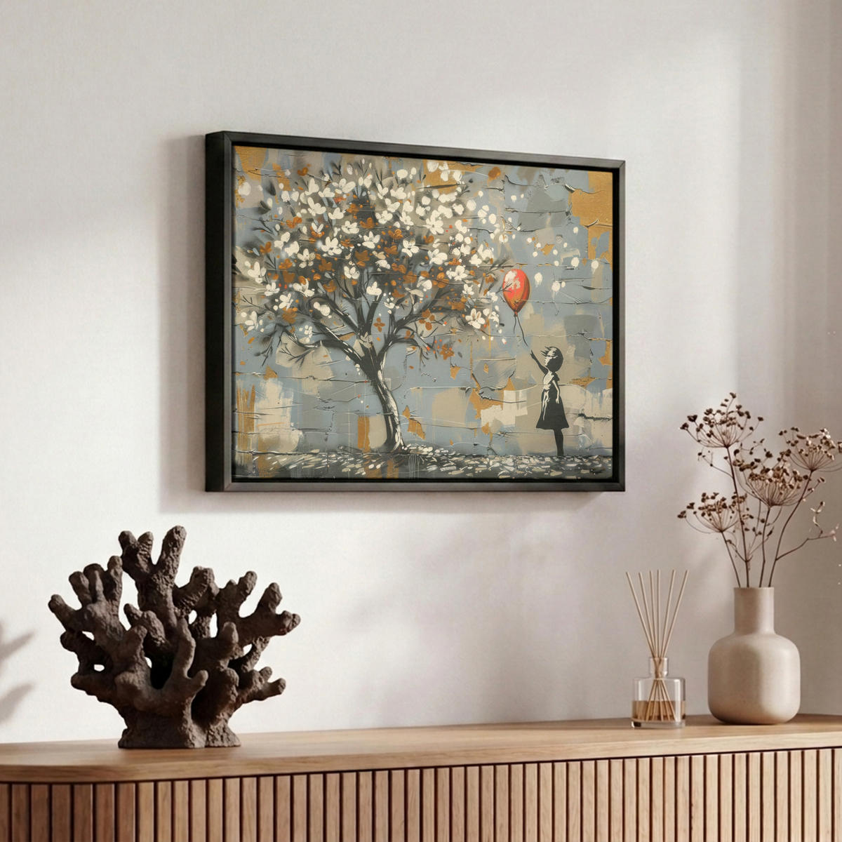 LEINWAND Bilder mit Rahmen - Baum - Graffiti - Banksy-Stil - Ballon-Mädchen - 30x20 - Blaugrau, Textil (30/20cm) - MuchoWow