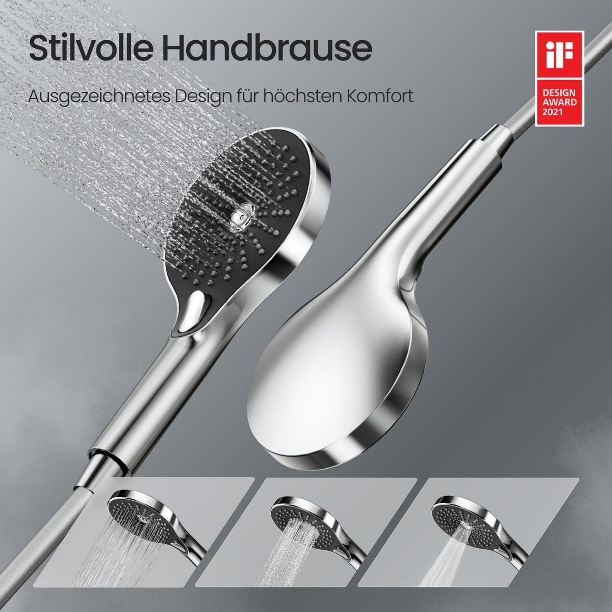 ÜBERKOPFBRAUSESET mit Thermostat Chrom 3 Strahlarten Hohe Konfiguration - Chromfarben, Metall (37.5/110/42cm) - EMKE