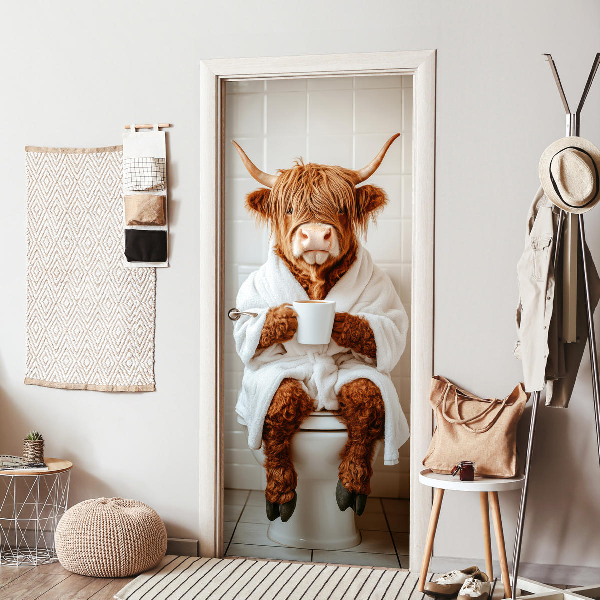 FOTOTAPETE Tür - Schottisches Hochlandrind - WC - Bademantel - Modern - Tiere 90x205 cm - Kastanienfarben, Kunststoff (90/0.1cm) - MuchoWow
