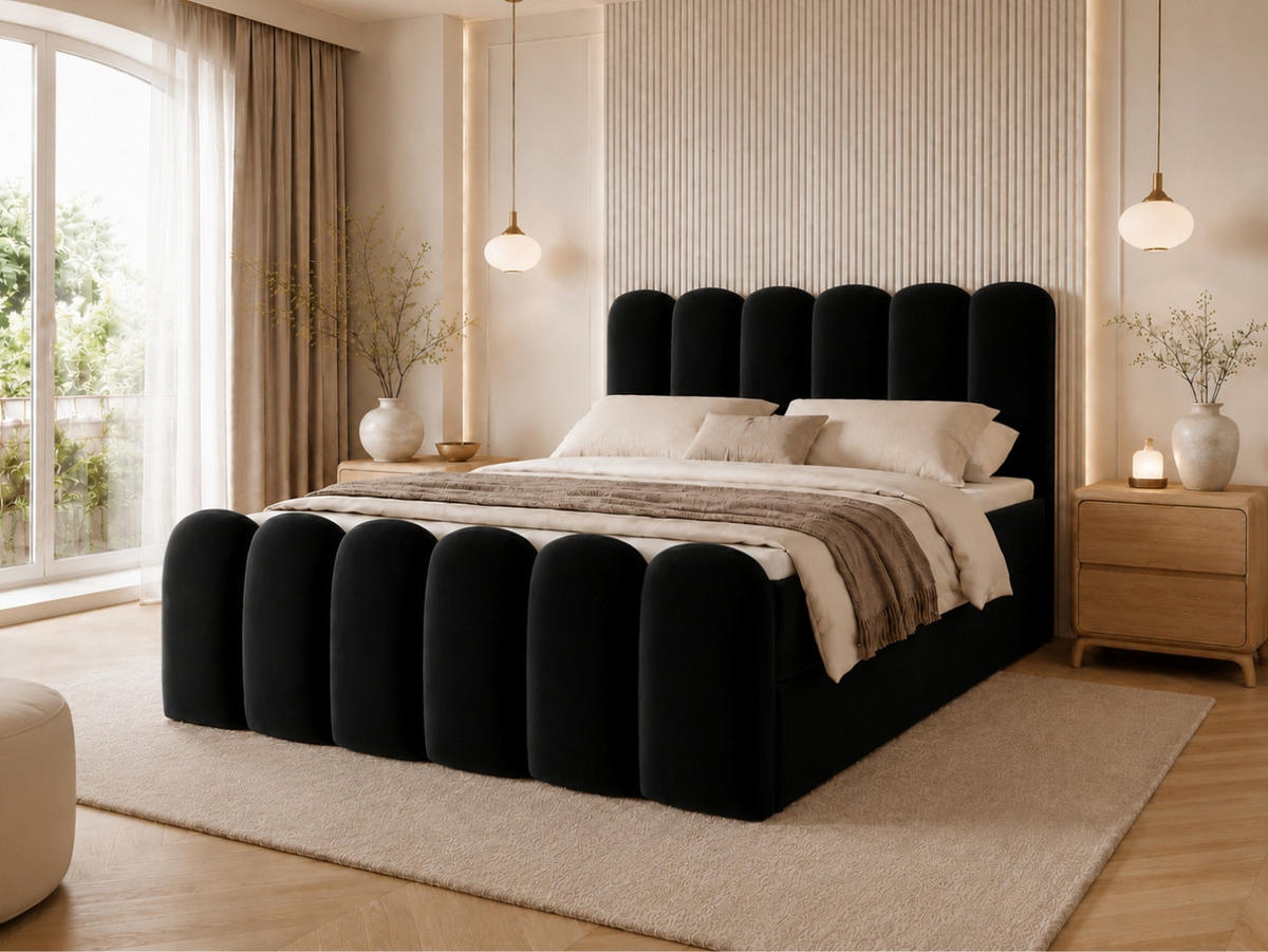 BOXBETT CUDDLE 120x200 cm in Schwarz, Bettkasten, Topper, Velvet-Stoff - Schwarz, Holz/Textil (120/200cm) - EMLAR Home
