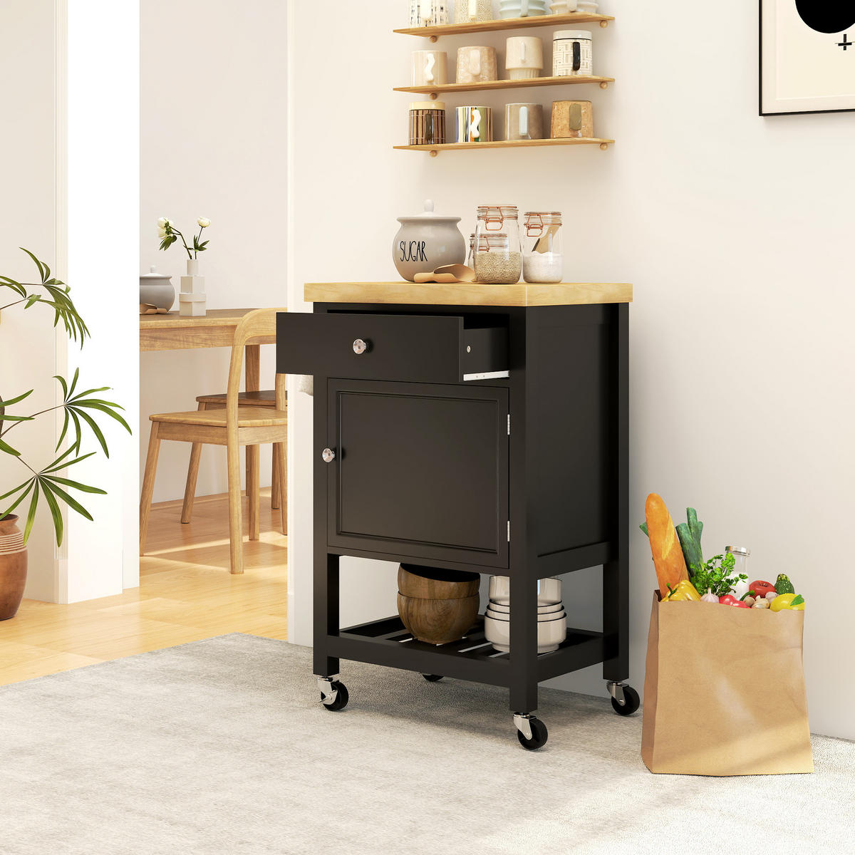 KÜCHENWAGEN DE-17143 Schublade & Schrank mit Handtuchhalter Schwarz - Schwarz, Holzwerkstoff (40/90/63.5cm) - ComfortXL