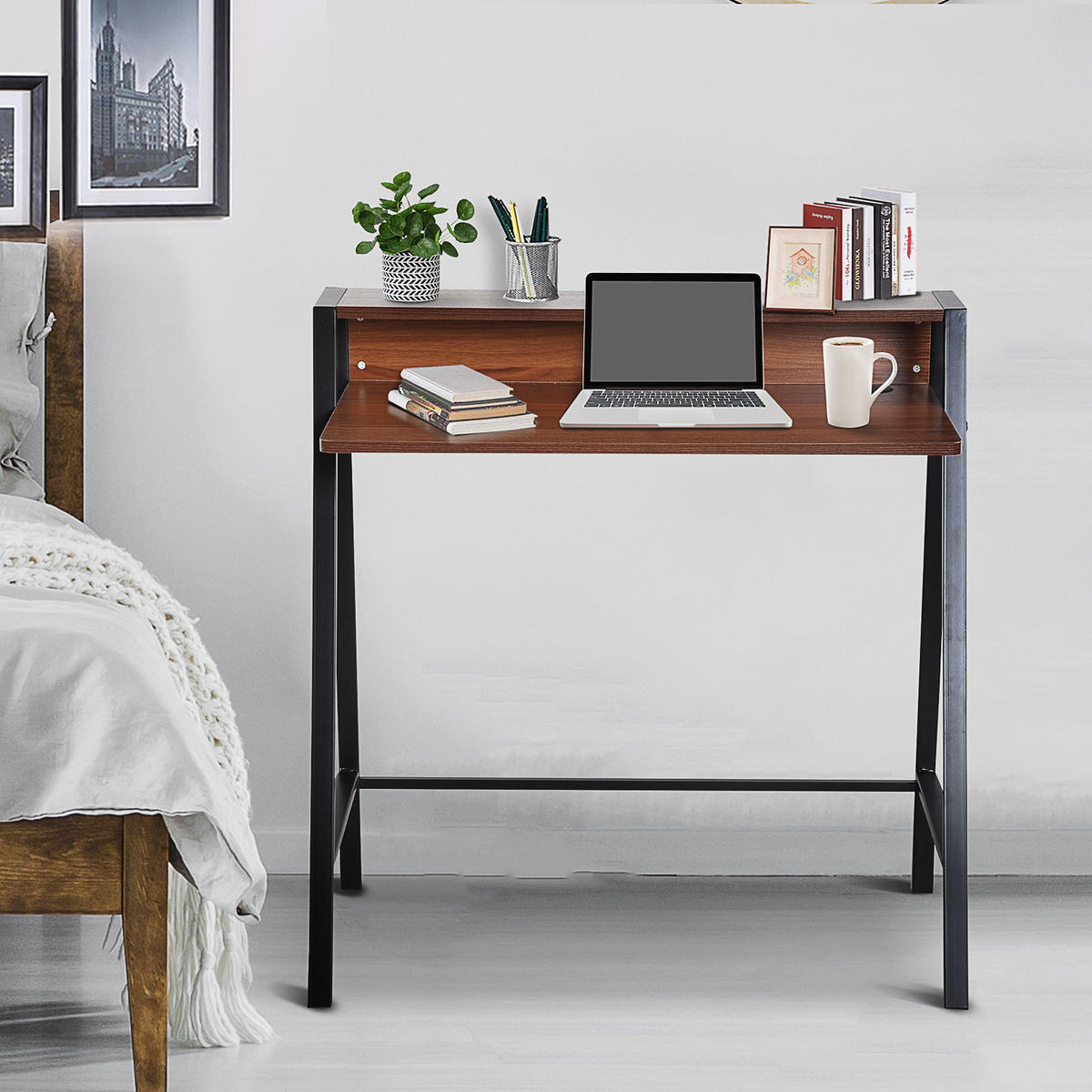 SEKRETÄR SCHREIBTISCH Schwarz und Walnussfarben mit Ablage 84/45/85 cm - Braun, Holzwerkstoff (45/84/85cm) - PANGIVO