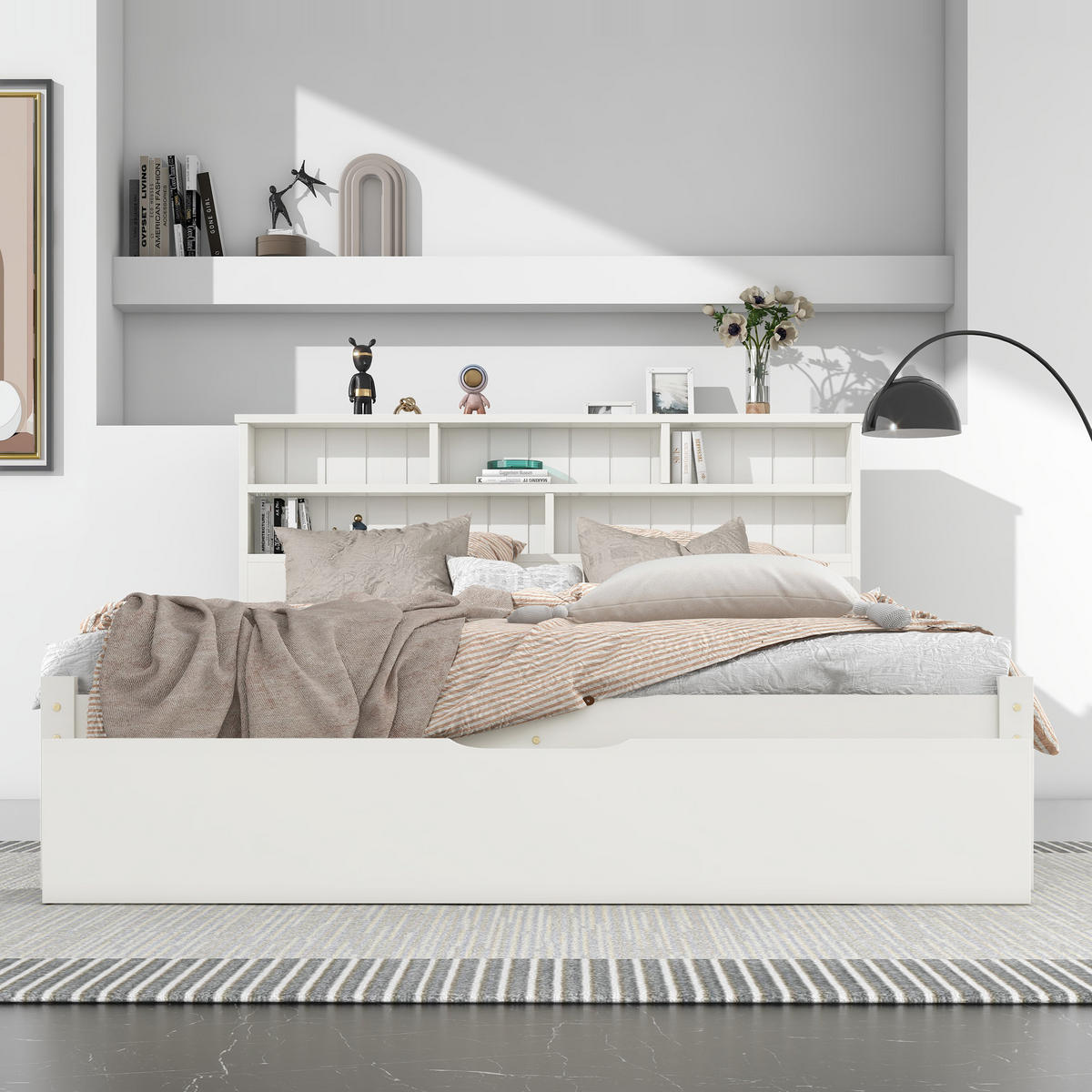 BETT 140/200 cm mit Bücherregal-Kopfteil, Schubladen & Lattenrost, Weiß - Weiß, Holz (140/200cm) - Redom