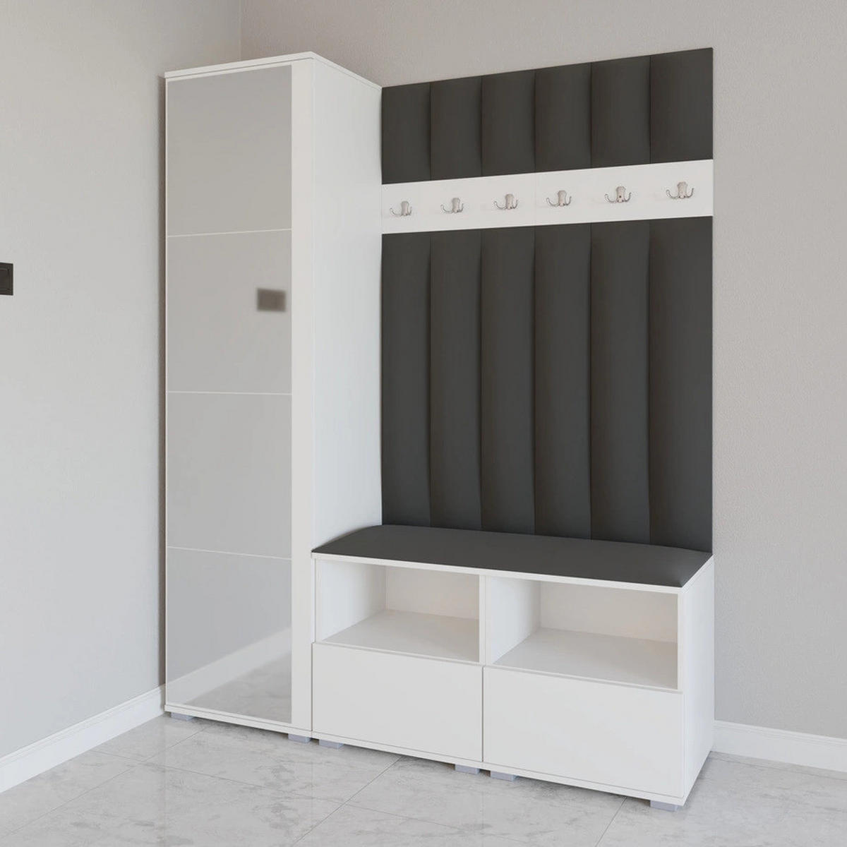 GEPOLSTERT Garderoben-Set Nela II LUX (Spiegel – Farbe Weiß + Stoff Trinity 15) - Dunkelgrau/Silberfarben, Holz/Holzwerkstoff (150/187/40cm) - Ravio