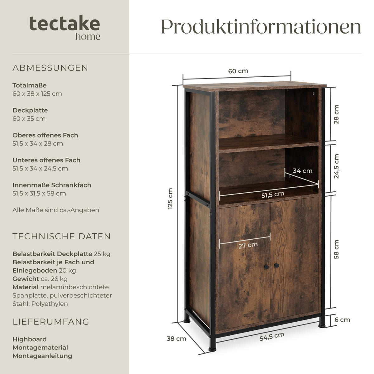 HIGHBOARD Doncaster,mit höhenverstellbaren Füßen, 60 x 38 x 125 cm,Industrial Holz dunkel, rustikal - Rostfarben, Holzwerkstoff (38/125/60cm) - tectake