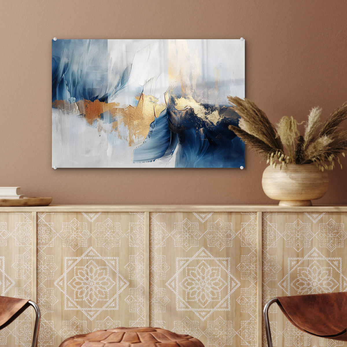 ACRYLGLASBILD Gold - Blau - Aquarell - Kunst - Modern 60x40 cm - Hellblau, Glas (60/40cm) - MuchoWow
