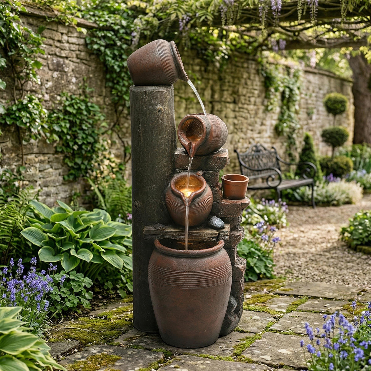 GARTENBRUNNEN, LED-Beleuchtung, Kunststein, Wasserspiel, Braun - Braun, Naturmaterialien (42/38/99cm) - FLIEKS