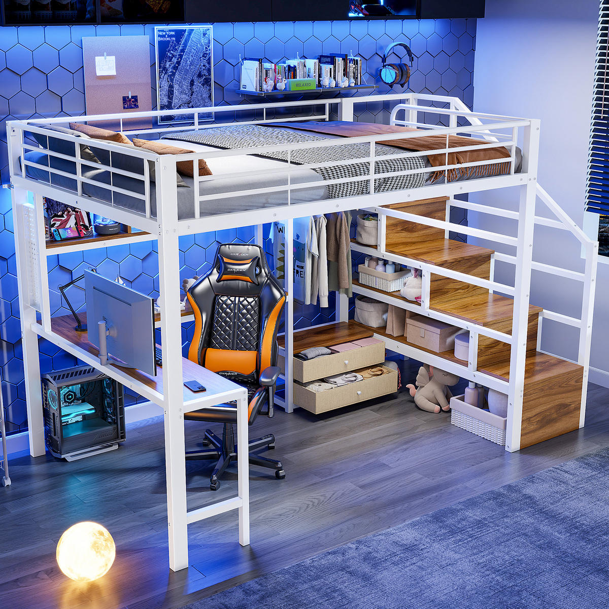 HOCHBETT 140/200 cm mit Eisenrahmen Weiß, Schreibtisch, Stauraumtreppe und LED-Licht - Weiß, Metall