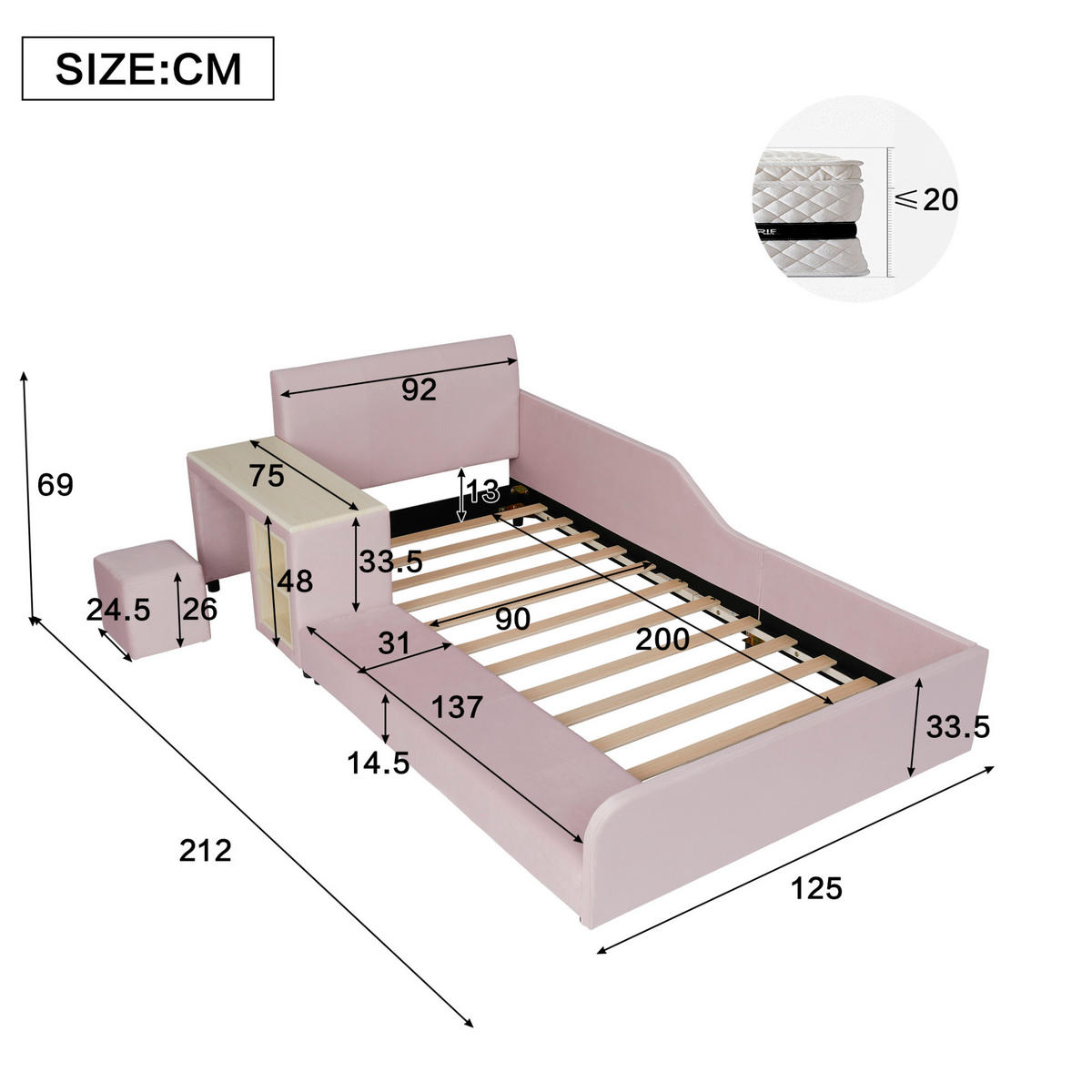 BETT 90/200 cm in Pink mit Schreibtisch, Hocker und Ablageboden - Rosa, Textil (90/200cm) - Flora Grace