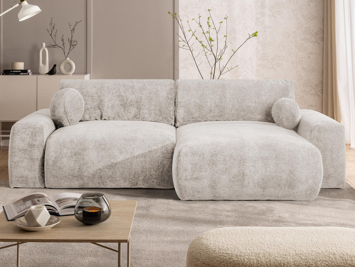 ECKSOFA Puffy mit Schlaffunktion und Bettkasten - besonders weich und puffig aus Beige Stoff mit Chenillestruktur - Ottomane rechts - Beige/Schwarz, Holz/Kunststoff (266/138cm) - S-Style Möbel