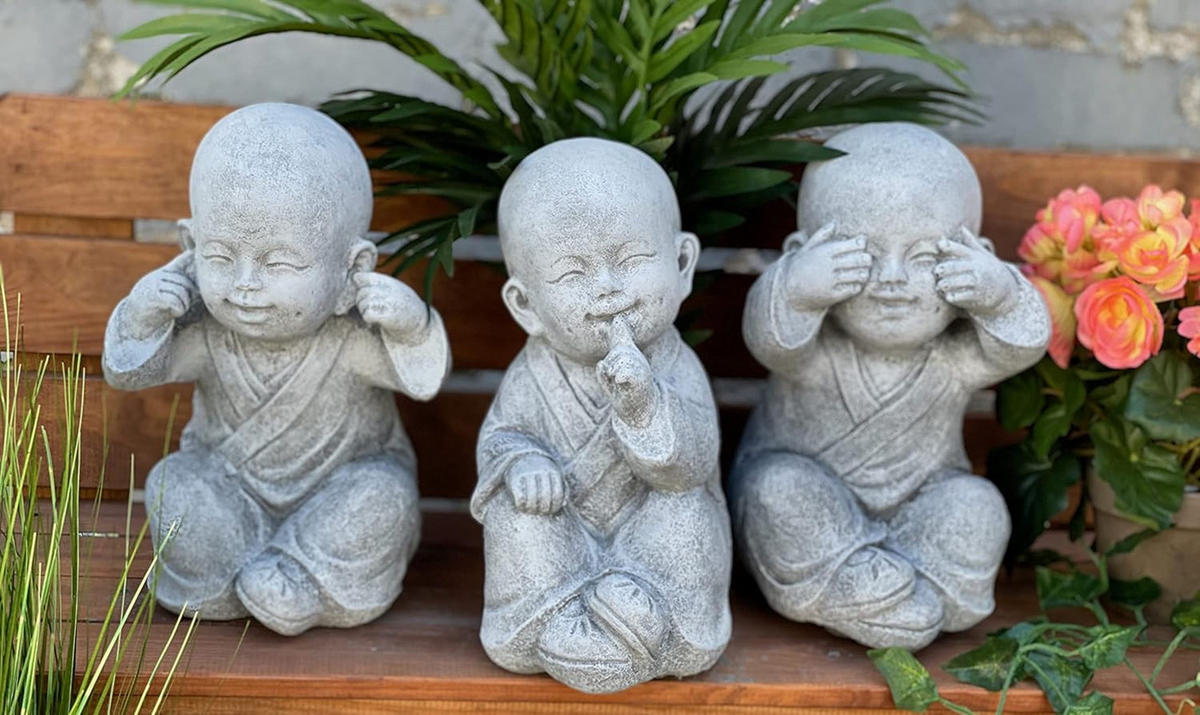 STEINFIGUR 3er große Buddha Shaolin Mönche nichts sehen sagen hören - Grau, Stein (14/26/17cm) - stoneandstyle