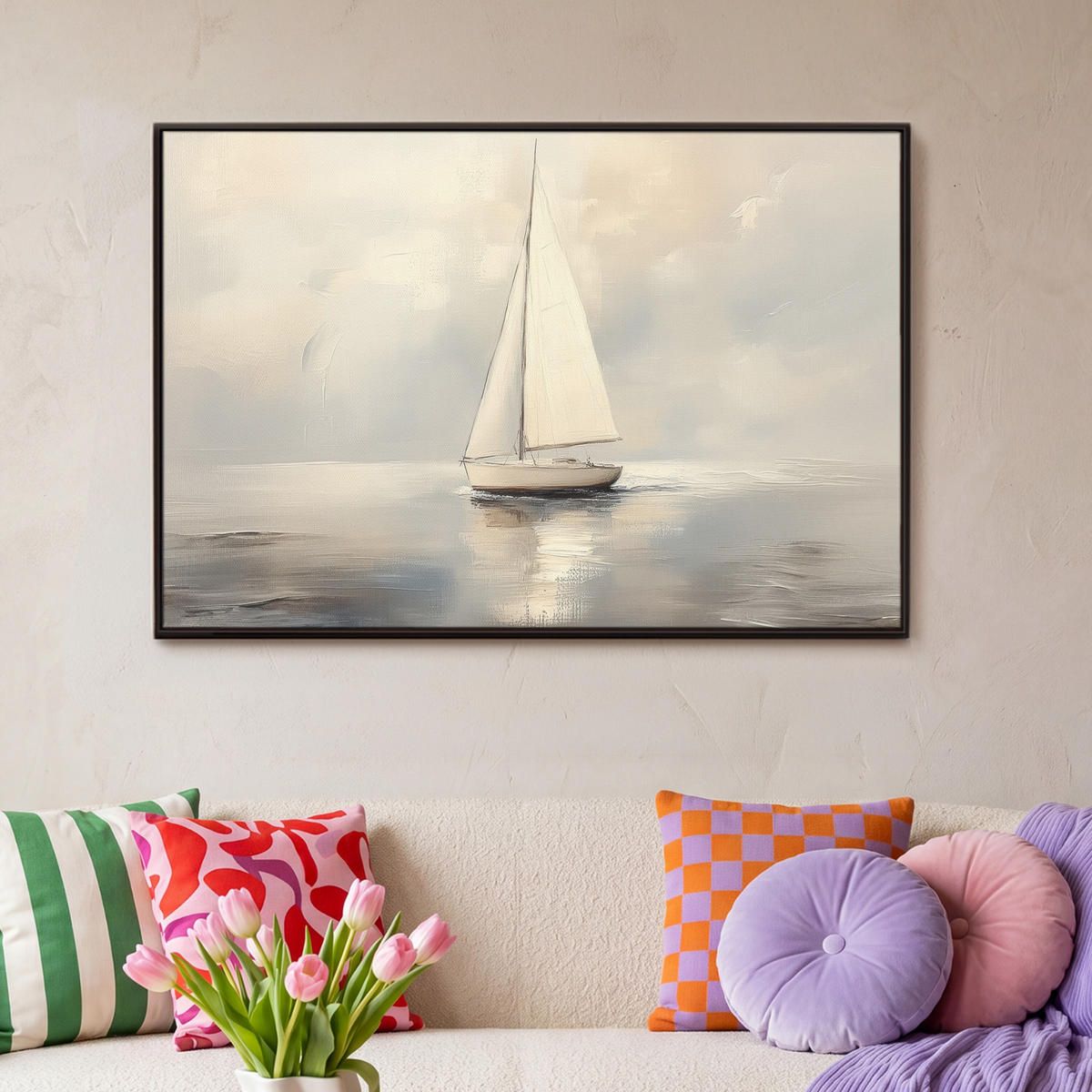 LEINWAND Bilder mit Rahmen - Segelschiff - Meer - Bewölkt - 90x60 - Creme, Textil (90/60cm) - MuchoWow