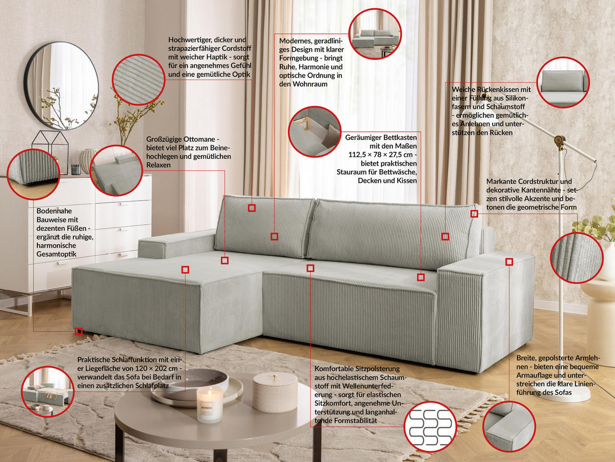 ECKSOFA Rivio mit Schlaffunktion und Bettkasten, Cordstoff Taupe - Taupe/Schwarz, Holz/Kunststoff (149/262cm) - S-Style