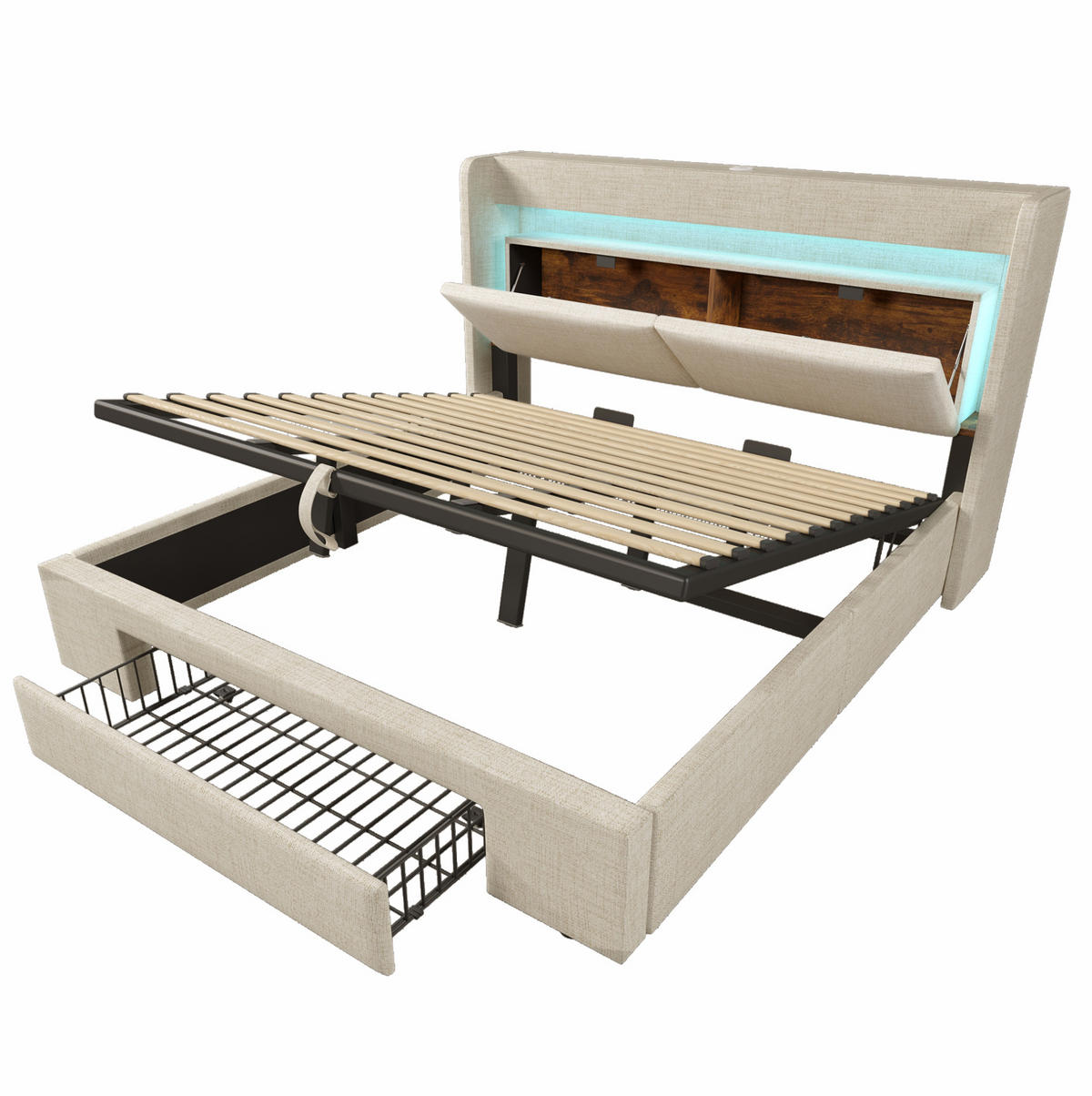 POLSTERBETT mit Stauraum 180x200 cm Beige Leinen USB und LED - Beige, Metall (180/200cm) - Meubliv