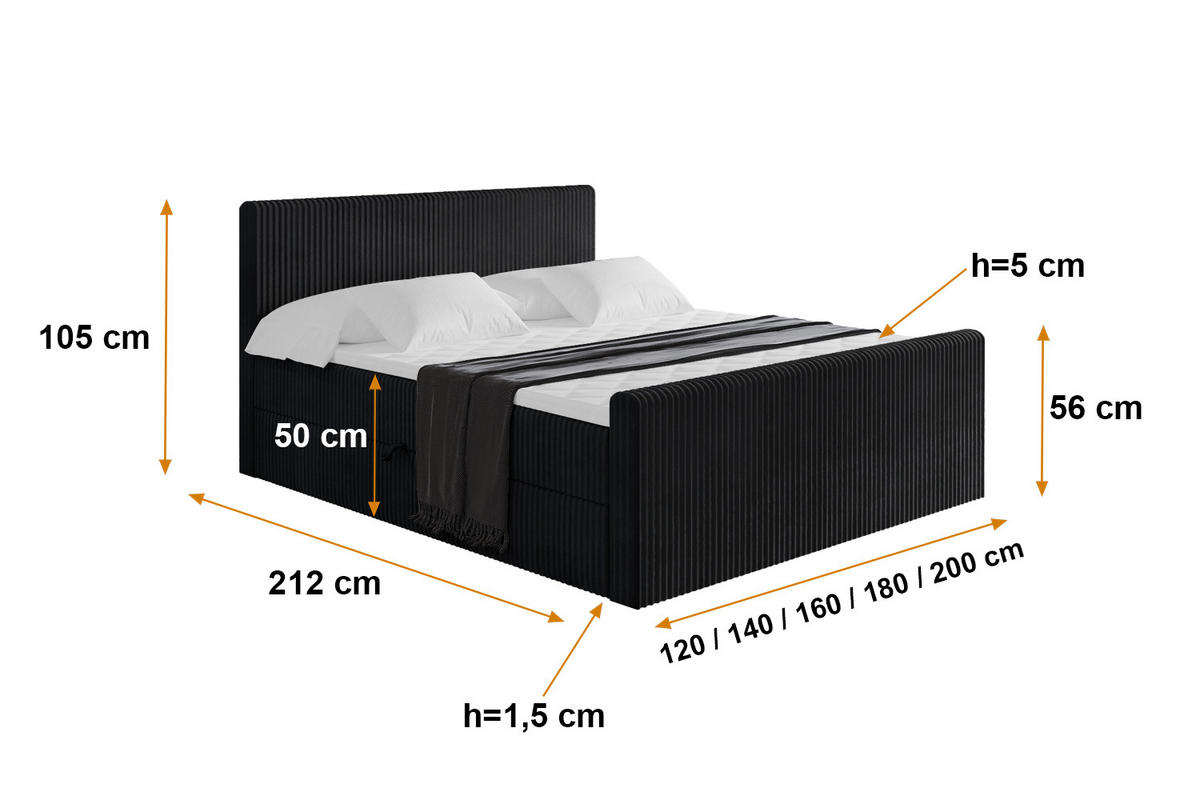 BOXBETT mit Matratze H3 und Lattenrost - TOLO-Z - 140x200 Cord - Schwarz - Schwarz, Holzwerkstoff (140/200cm) - ALTDECOR
