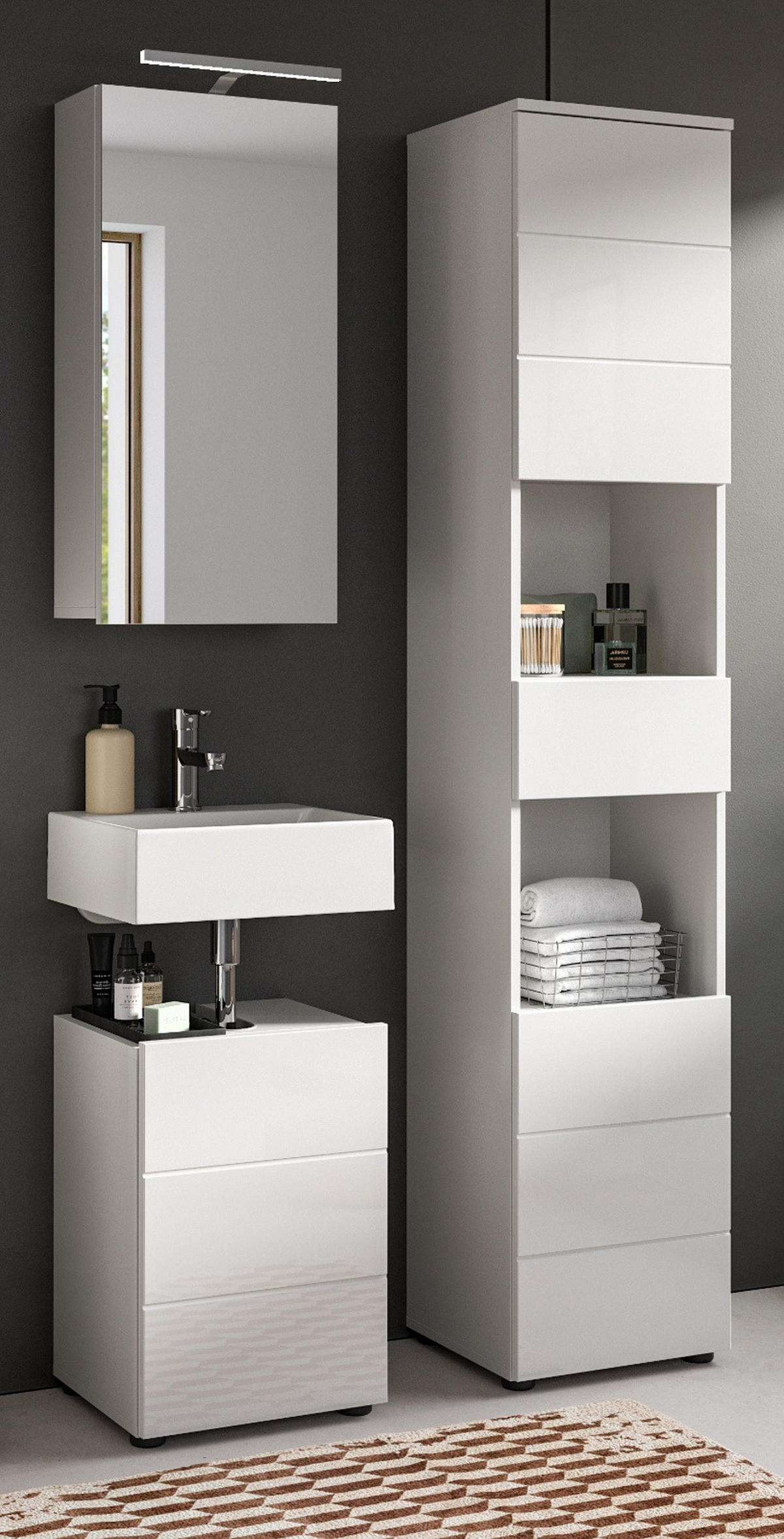 BADMÖBEL Set 3-teilig weiß Hochglanz 91 x 190 cm, Badkombination modern - Weiß Hochglanz/Schwarz, Holzwerkstoff/Kunststoff (91/190/34cm) - Inn.Furn