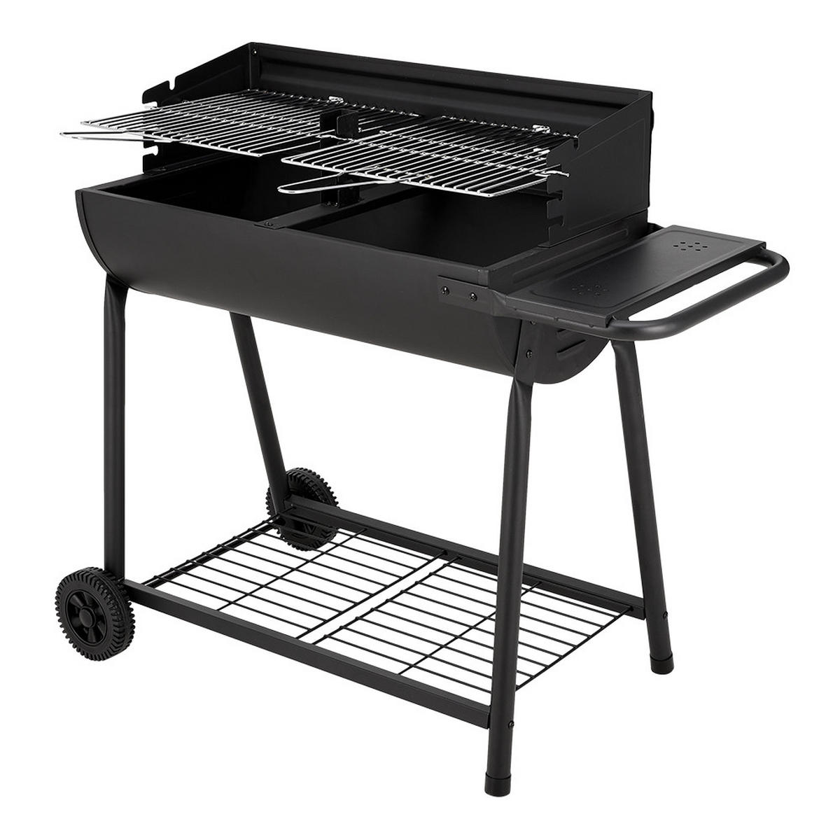 HOLZKOHLEGRILL Carbonstahl mit Rollen aus Kohlenstoffstahl in Schwarz langlebig & hitzebeständig pulverbeschichtet mobil 107,5 x54,5 x93 cm 15 kg - Schwarz, Metall (54/93/107cm) - Livingandhome