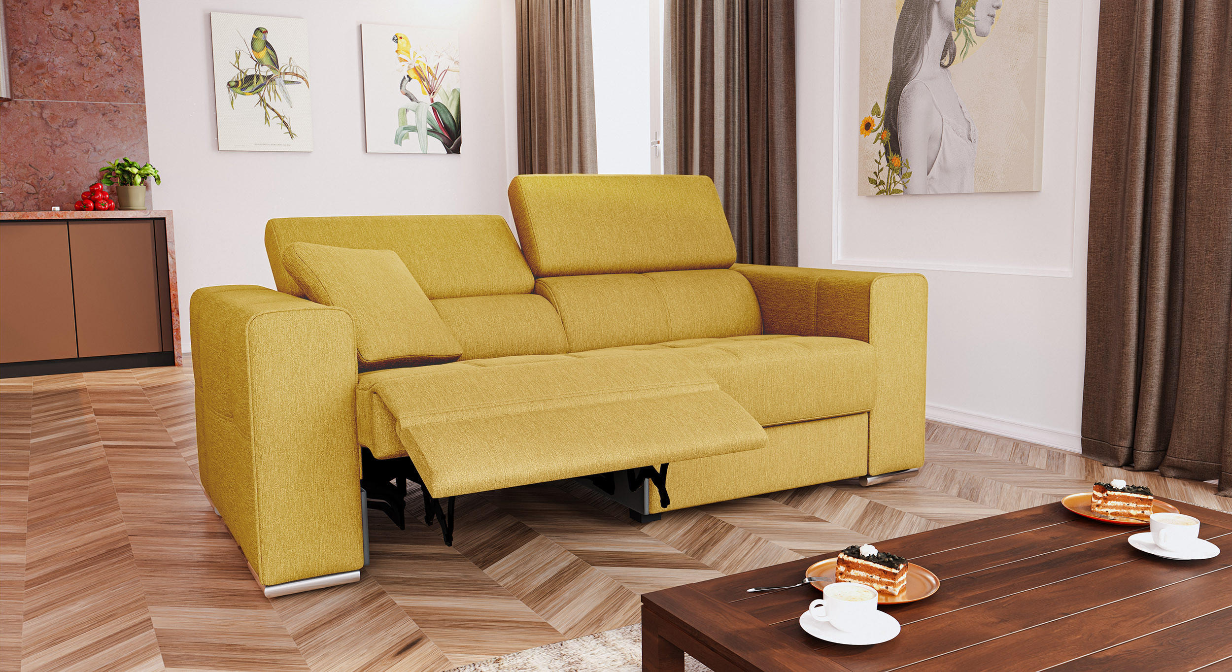 SOFA QUARTZ 3-Sitzer mit 1 Relaxfunktion, honig - Silberfarben/Honig, Holzwerkstoff/Textil (204/80/102cm) - Courtois Laville