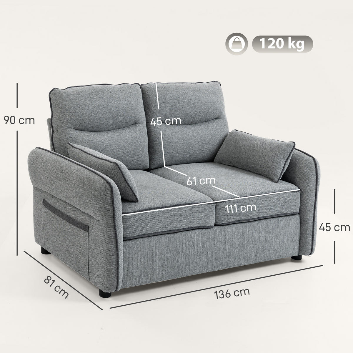 SOFA, 2-Sitzer, ägyptischer Samt, 2 Kissen, Seitentasche, grau, 136x81x90cm - Multicolor, Holzwerkstoff (136/90/81cm) - FORIOUS