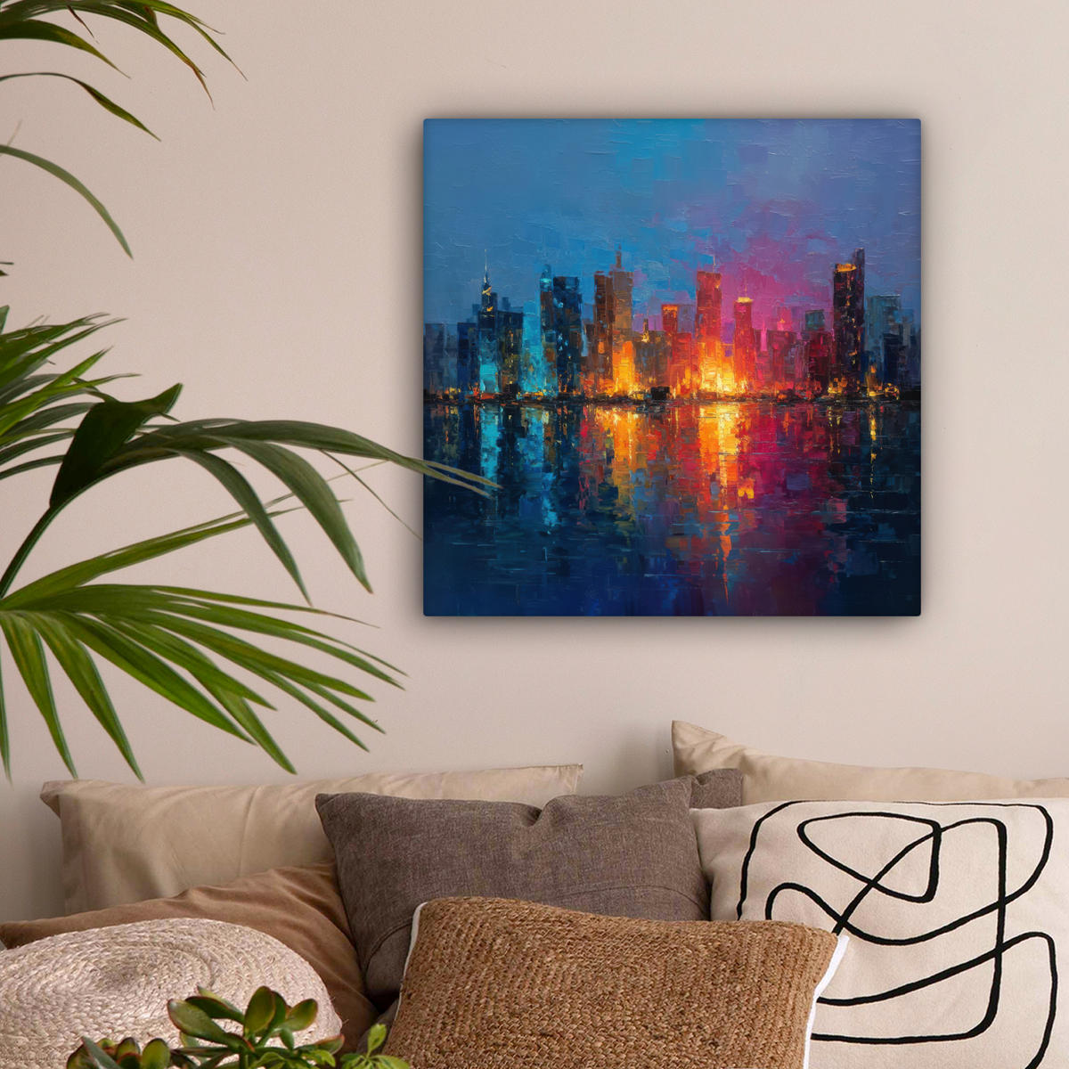 LEINWANDBILD Skyline - Pinselstriche - Dunkelblau - Leuchtend Wandbild Wohnzimmer 50x50 cm - Blau, Textil (50/50cm) - MuchoWow