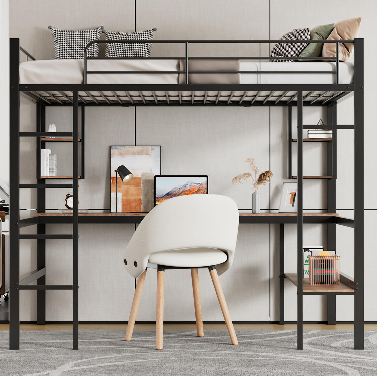 HOCHBETT 90/200 cm Schwarz aus Metall mit Schreibtisch und Regalen - Schwarz, Metall (90/200cm) - OKMYHOME