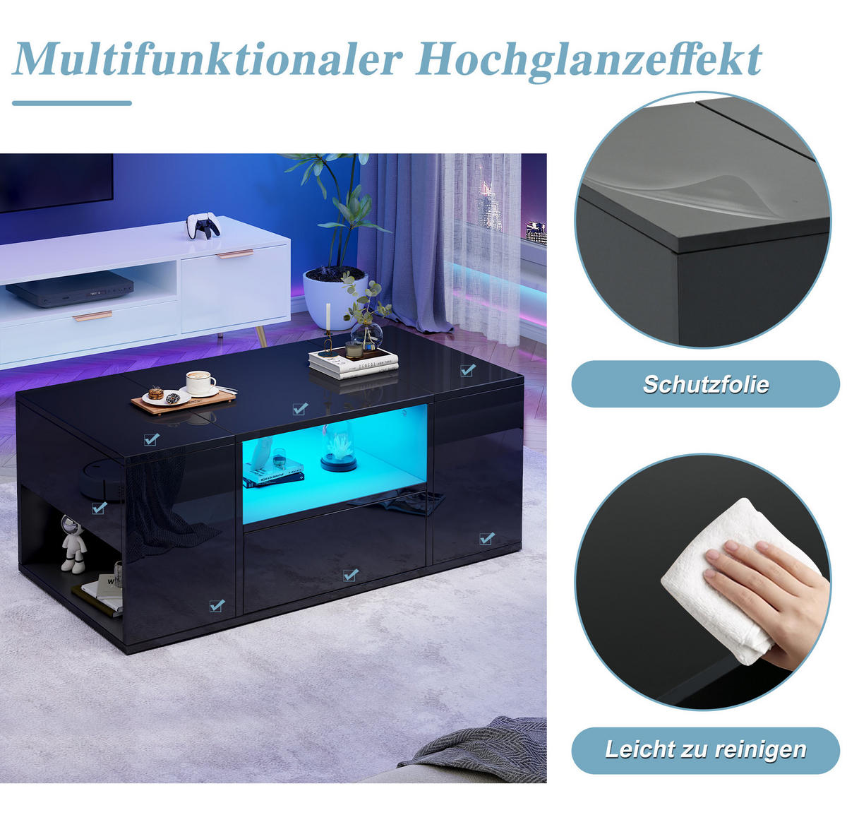 COUCHTISCH 100/50/40 cm mit LED-Beleuchtung, Schublade und 6 Staufächern aus Spanplatte, Schwarz - Schwarz, Holzwerkstoff (100/50/40cm) - Redom