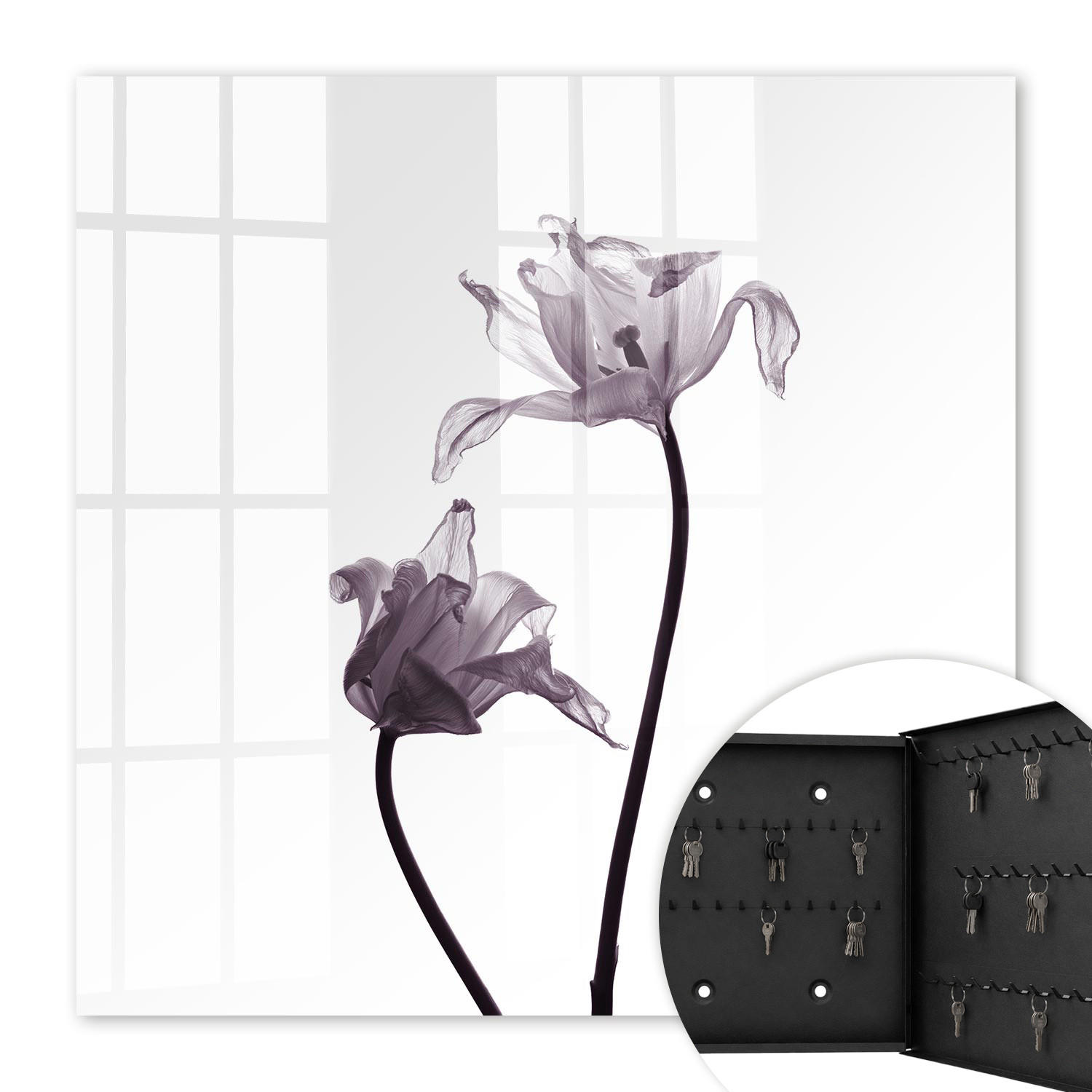 SCHLÜSSELBOX Schwarz 30x30 cm- Türöffnung nach rechts - Minimalistische Blumen - Weiß, Metall (30/30/5cm) - TULUP