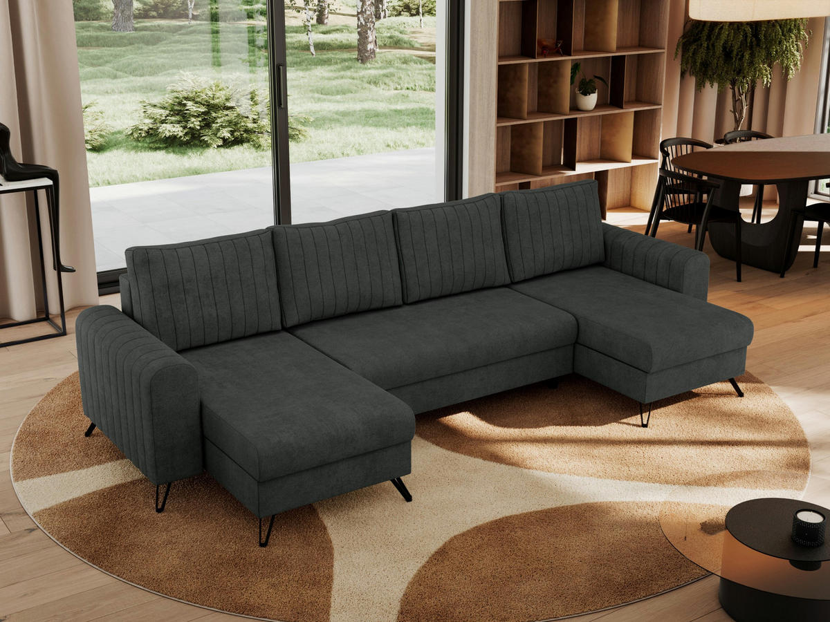 WOHNLANDSCHAFT AXEL U Struktur Dunkelgrau - Schwarz/Grau, Textil/Metall (312/90/140cm) - MKS