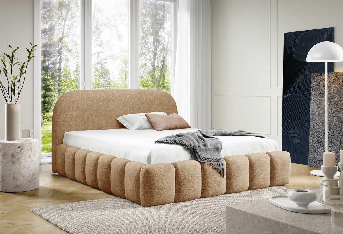 POLSTERBETT 140x200 Noemi, runde Kopfteil, Bettkasten, Samtstoff, Beige - Beige, Holz/Textil (140/200cm) - Emporius