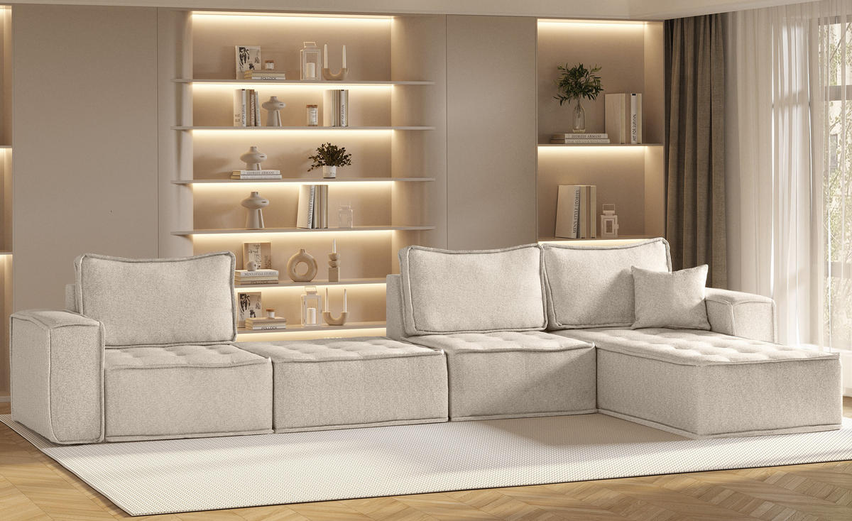 BOHOO modulare Ecke XL Hellbeige Rechts - Ecru, Holz (382/192cm) - Kaiser Möbel
