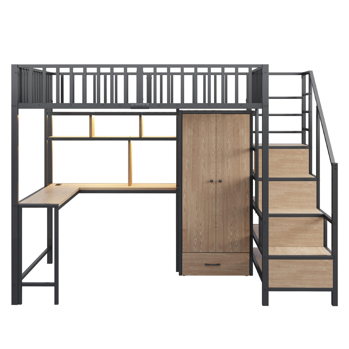 HOCHBETT 140/200 cm schwarz aus Metall mit Schreibtisch LED und Ladebuchsen - Schwarz, Metall (140/200cm) - OKWISH